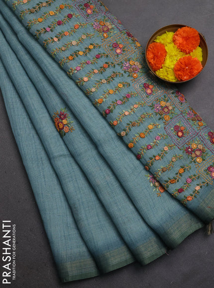 Linen Cotton Saree pastel blue with embroidery buttas and embroidery pallu