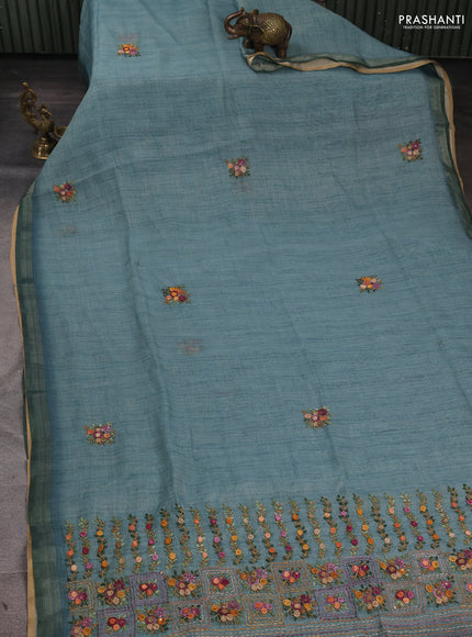 Linen Cotton Saree pastel blue with embroidery buttas and embroidery pallu