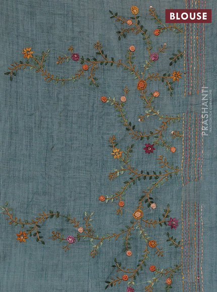 Linen Cotton Saree pastel blue with embroidery buttas and embroidery pallu