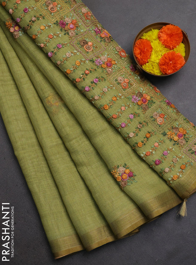 Linen Cotton Saree light green with embroidery buttas and embroidery pallu