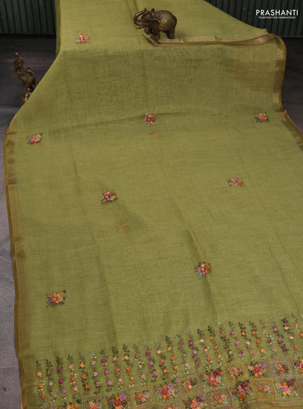 Linen Cotton Saree light green with embroidery buttas and embroidery pallu