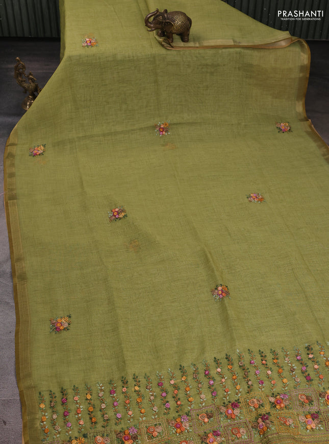 Linen Cotton Saree light green with embroidery buttas and embroidery pallu