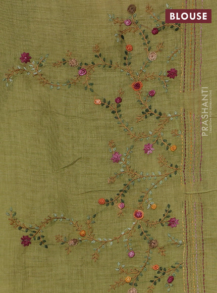 Linen Cotton Saree light green with embroidery buttas and embroidery pallu