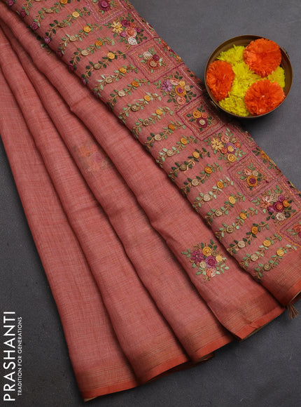 Linen Cotton Saree dark peach with embroidery buttas and embroidery pallu