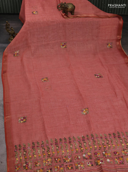 Linen Cotton Saree dark peach with embroidery buttas and embroidery pallu