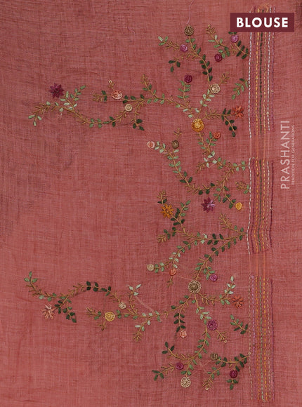 Linen Cotton Saree dark peach with embroidery buttas and embroidery pallu