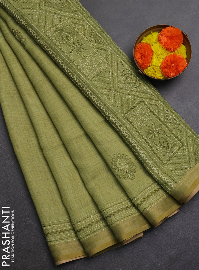 Linen Cotton Saree light green with embroidery buttas and embroidery pallu
