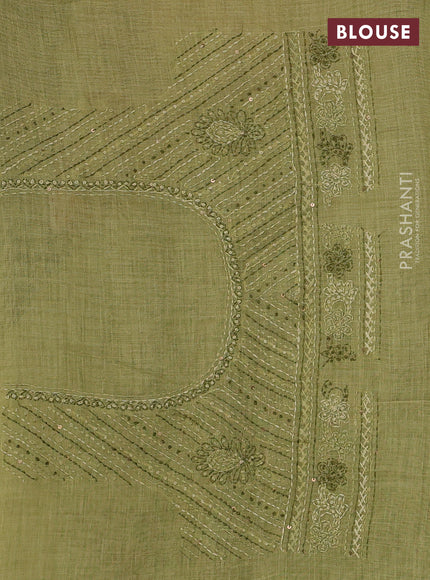 Linen Cotton Saree light green with embroidery buttas and embroidery pallu