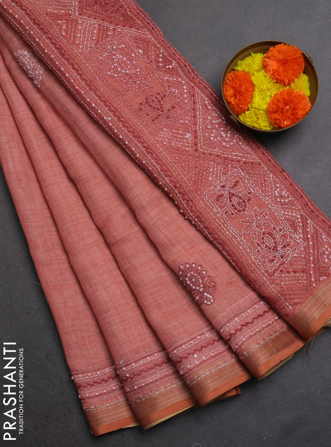 Linen Cotton Saree dark peach with embroidery buttas and embroidery pallu