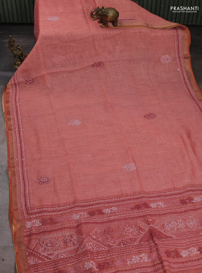 Linen Cotton Saree dark peach with embroidery buttas and embroidery pallu