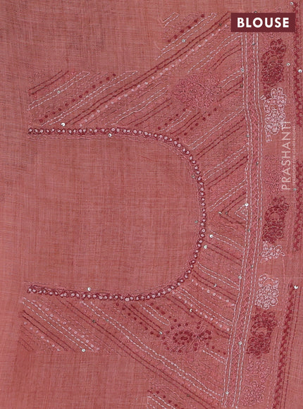 Linen Cotton Saree dark peach with embroidery buttas and embroidery pallu
