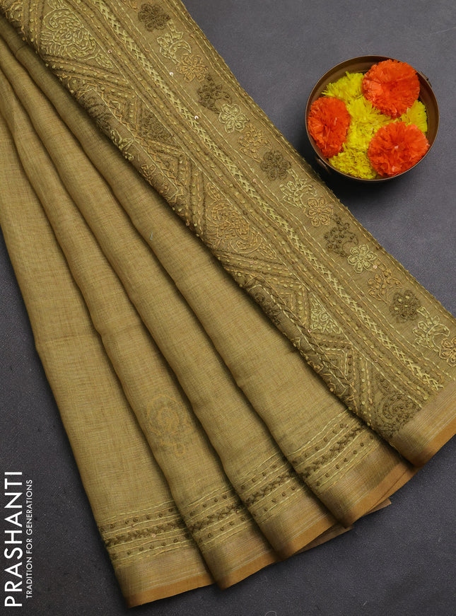 Linen Cotton Saree mustard yellow with embroidery buttas and embroidery pallu