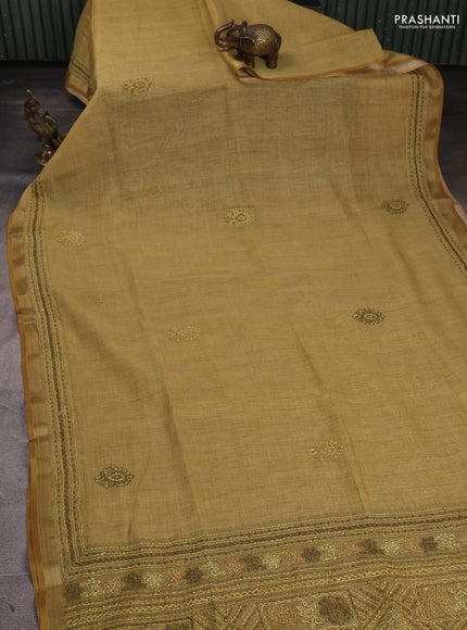 Linen Cotton Saree mustard yellow with embroidery buttas and embroidery pallu