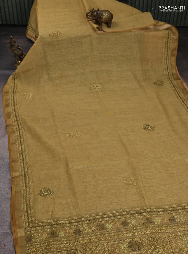 Linen Cotton Saree mustard yellow with embroidery buttas and embroidery pallu