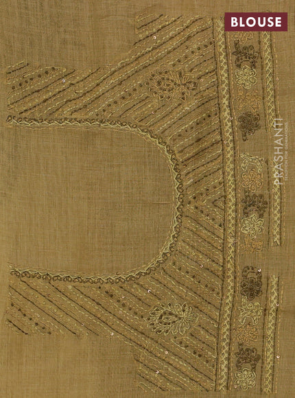 Linen Cotton Saree mustard yellow with embroidery buttas and embroidery pallu