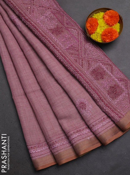 Linen Cotton Saree pastel pink with embroidery buttas and embroidery pallu