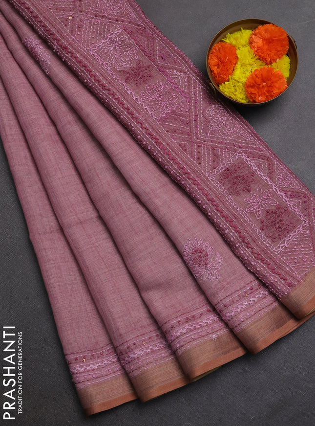 Linen Cotton Saree pastel pink with embroidery buttas and embroidery pallu