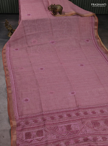 Linen Cotton Saree pastel pink with embroidery buttas and embroidery pallu