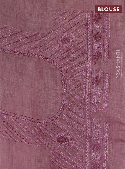 Linen Cotton Saree pastel pink with embroidery buttas and embroidery pallu