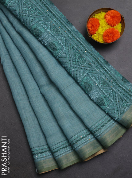 Linen Cotton Saree teal blue with embroidery buttas and embroidery pallu
