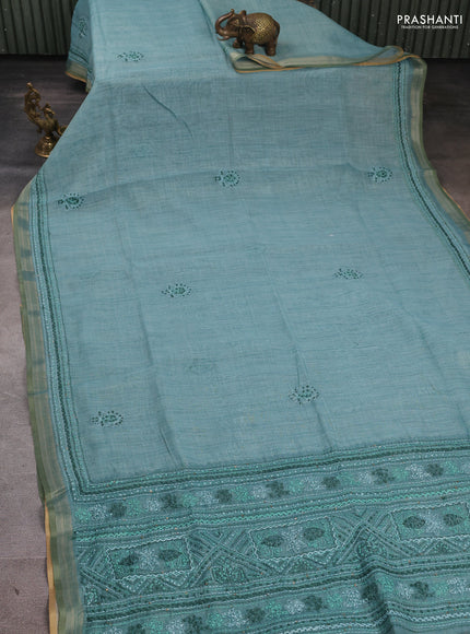 Linen Cotton Saree teal blue with embroidery buttas and embroidery pallu