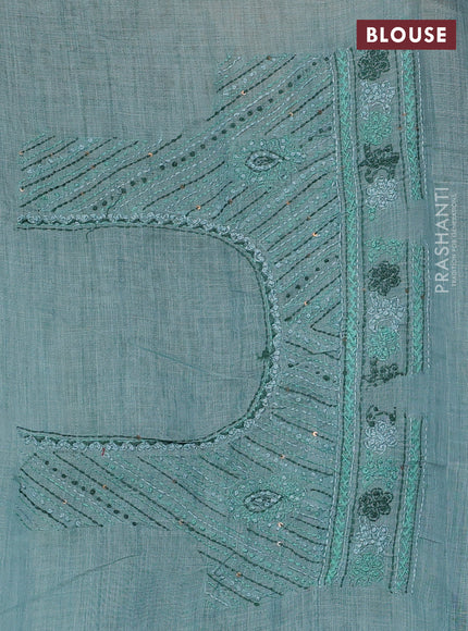 Linen Cotton Saree teal blue with embroidery buttas and embroidery pallu