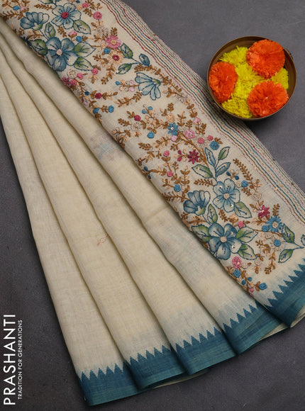 Linen Cotton Saree cream and peacock green with embroidery buttas and embroidery pallu