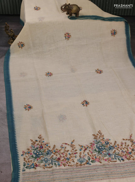 Linen Cotton Saree cream and peacock green with embroidery buttas and embroidery pallu