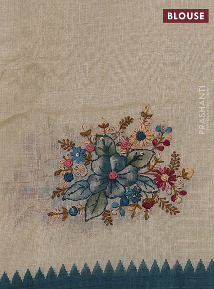 Linen Cotton Saree cream and peacock green with embroidery buttas and embroidery pallu