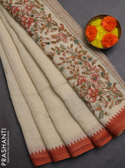Linen Cotton Saree cream and orange with embroidery buttas and embroidery pallu