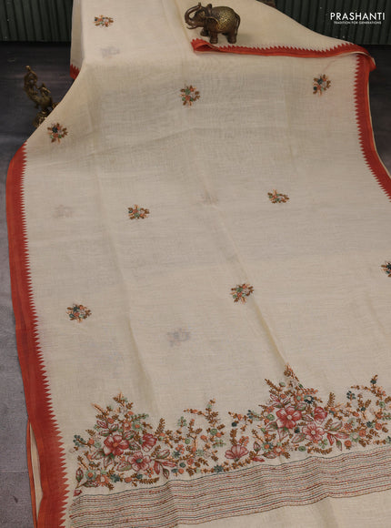 Linen Cotton Saree cream and orange with embroidery buttas and embroidery pallu