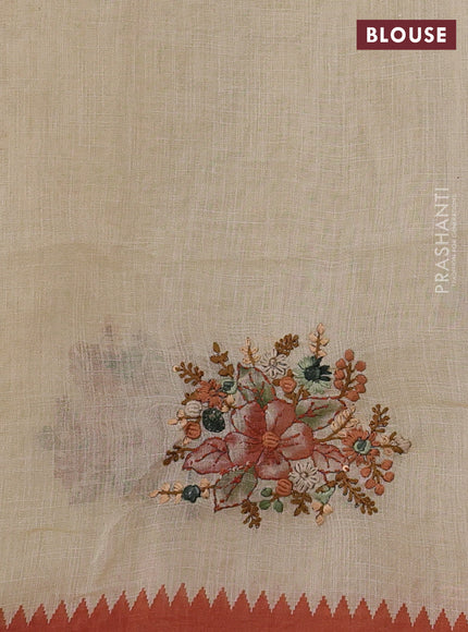 Linen Cotton Saree cream and orange with embroidery buttas and embroidery pallu