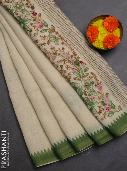 Linen Cotton Saree cream and green with embroidery buttas and embroidery pallu