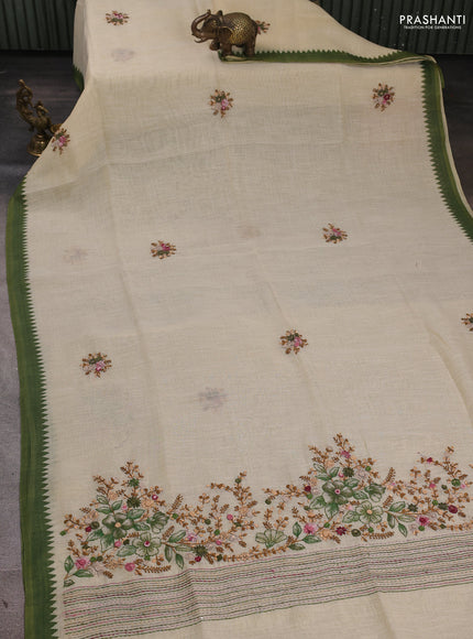 Linen Cotton Saree cream and green with embroidery buttas and embroidery pallu