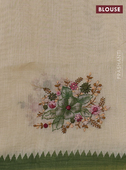 Linen Cotton Saree cream and green with embroidery buttas and embroidery pallu