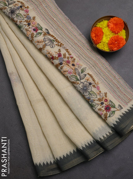 Linen Cotton Saree cream and elepant grey with embroidery buttas and embroidery pallu