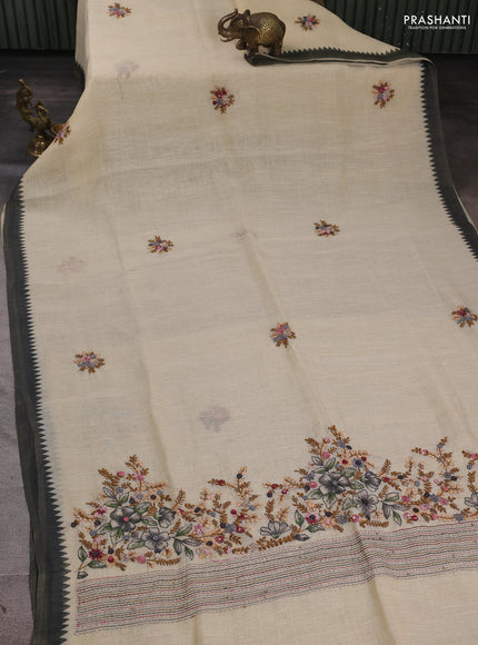 Linen Cotton Saree cream and elepant grey with embroidery buttas and embroidery pallu