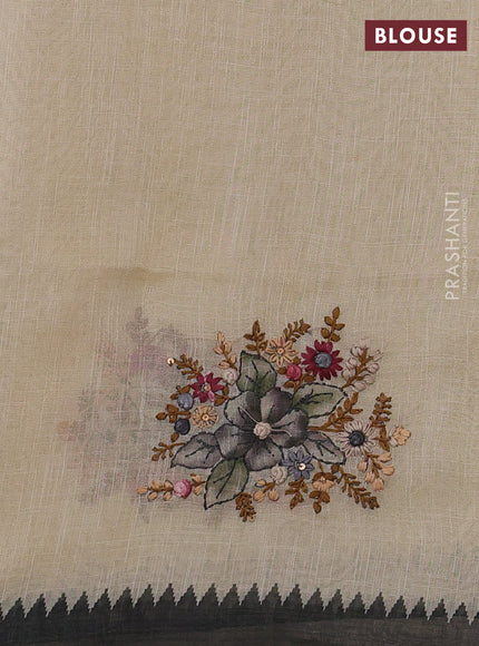 Linen Cotton Saree cream and elepant grey with embroidery buttas and embroidery pallu