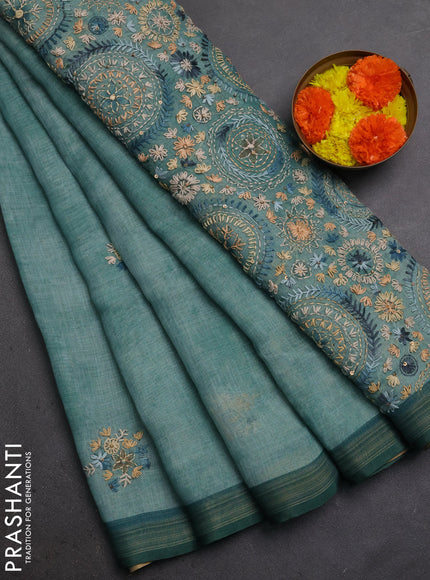 Linen Cotton Saree teal green with embroidery buttas and embroidery pallu