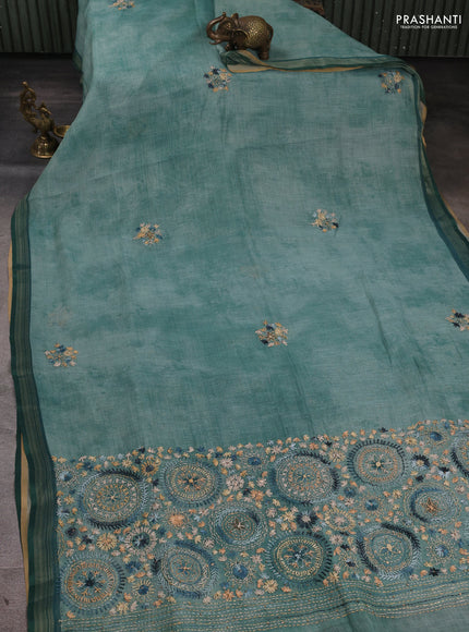 Linen Cotton Saree teal green with embroidery buttas and embroidery pallu