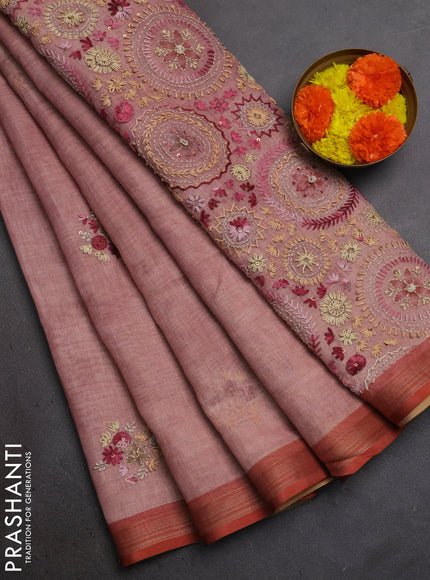Linen Cotton Saree peach pink with embroidery buttas and embroidery pallu