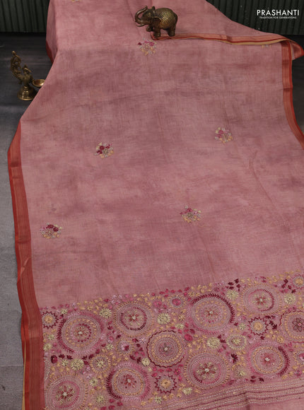 Linen Cotton Saree peach pink with embroidery buttas and embroidery pallu