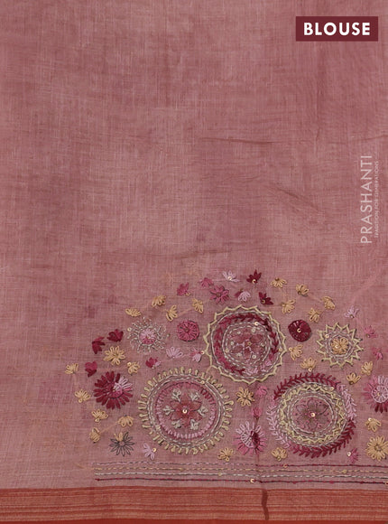 Linen Cotton Saree peach pink with embroidery buttas and embroidery pallu
