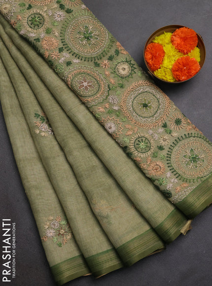 Linen Cotton Saree pista green with embroidery buttas and embroidery pallu