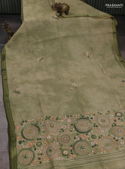 Linen Cotton Saree pista green with embroidery buttas and embroidery pallu