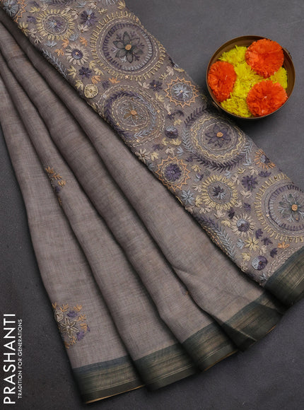 Linen Cotton Saree grey with embroidery buttas and embroidery pallu