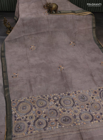 Linen Cotton Saree grey with embroidery buttas and embroidery pallu