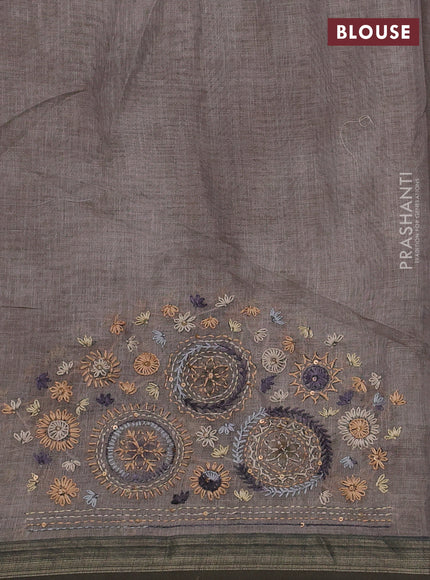 Linen Cotton Saree grey with embroidery buttas and embroidery pallu