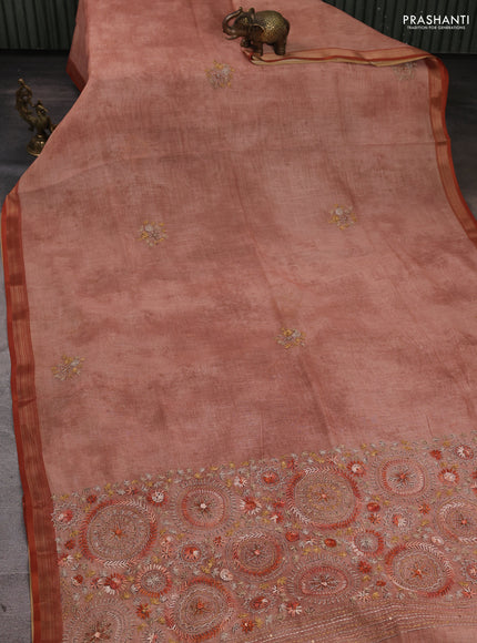 Linen Cotton Saree rust shade with embroidery buttas and embroidery pallu