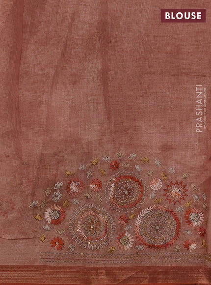 Linen Cotton Saree rust shade with embroidery buttas and embroidery pallu